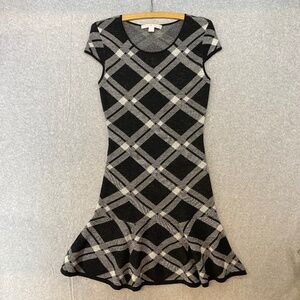 Boston Proper XS Black White Plaid Dress Capped Sleeves Dropped Waist Wool Blend